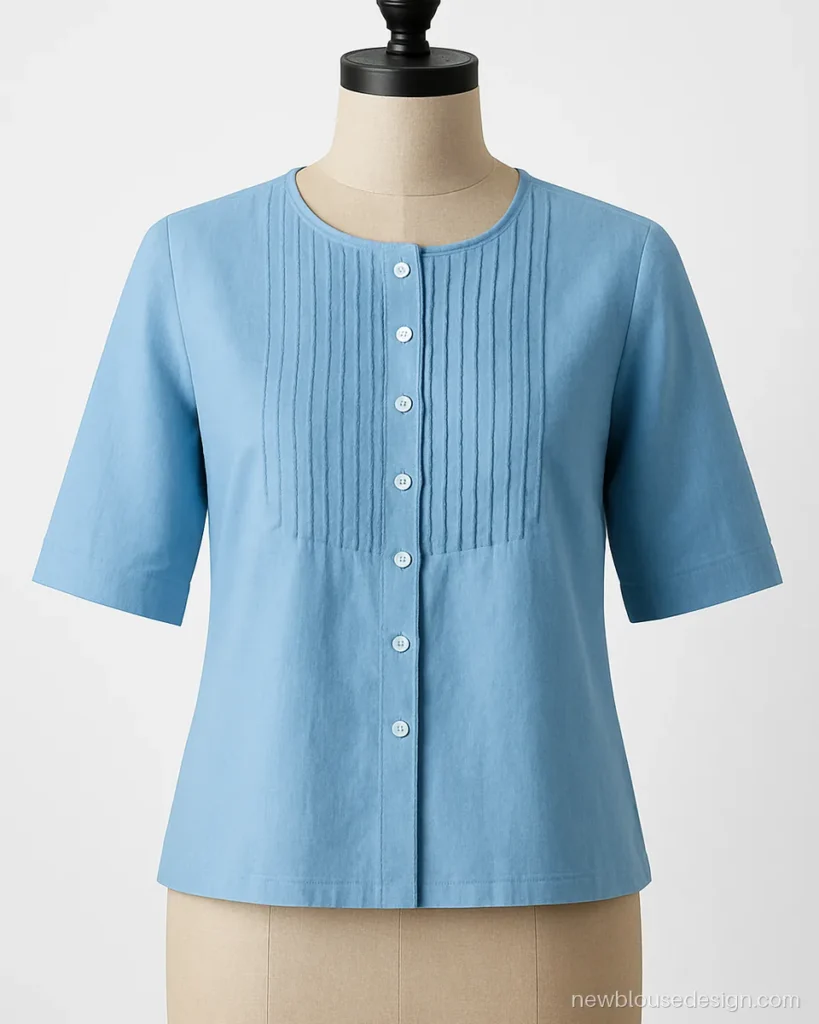 Sky blue cotton blouse with pintuck yoke and small round neck