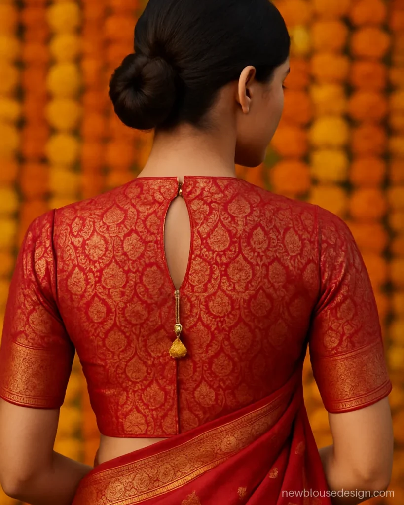 Red Banarasi brocade blouse with closed back and small keyhole with latkan