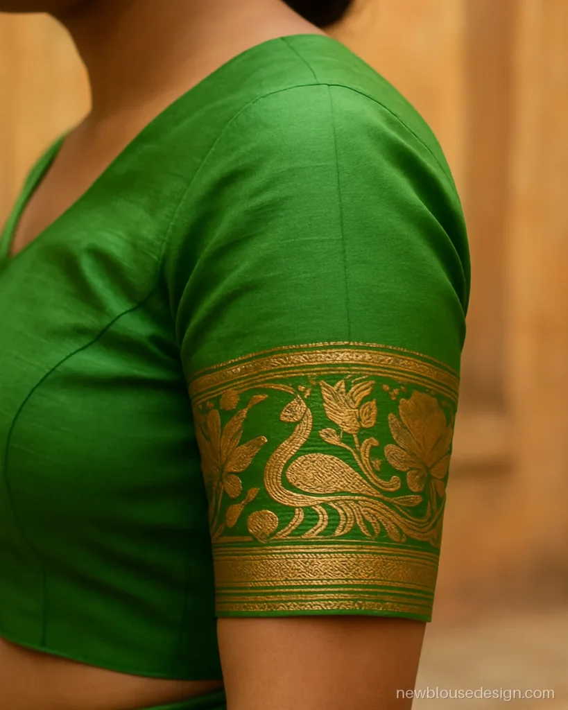 Parrot green Paithani blouse with peacock border on elbow sleeves