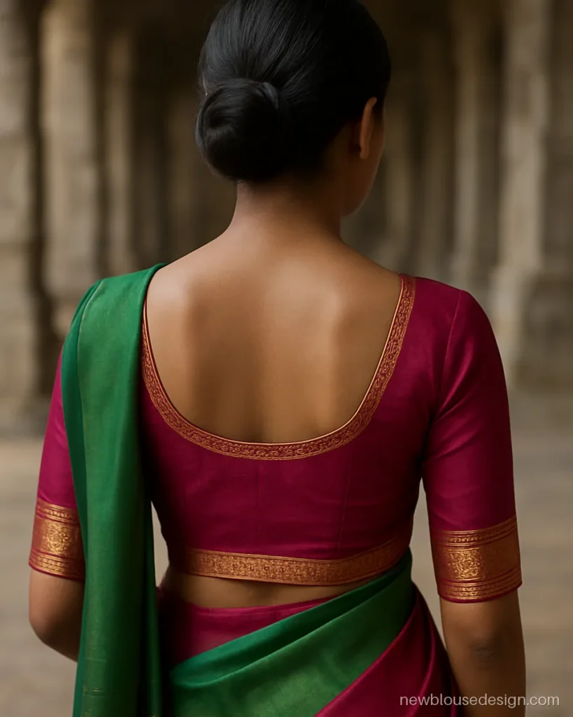 Magenta Kanjivaram blouse back with temple border along a deep round neck