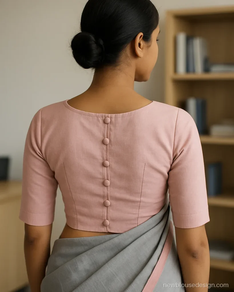Pastel pink cotton blouse with closed back and five fabric buttons in a line
