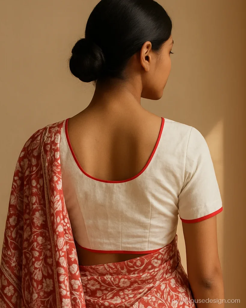 White mulmul blouse with contrast red piping on a plain U back