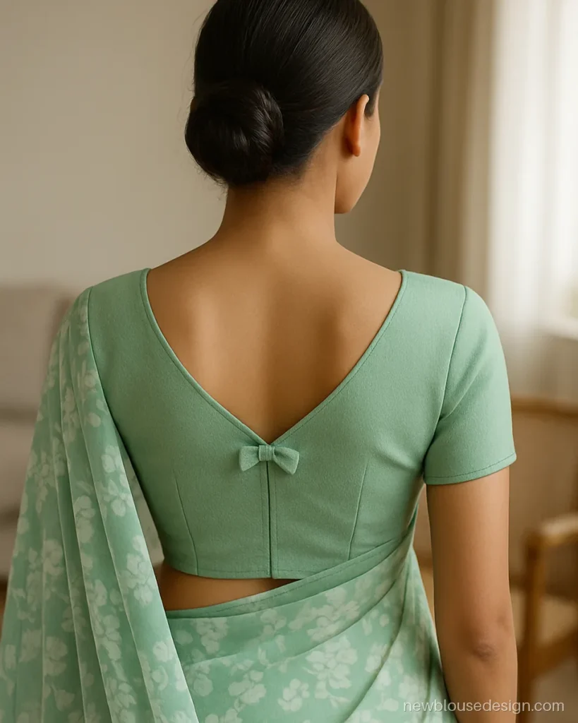 Mint crepe blouse with simple V back and small fabric bow at the tip