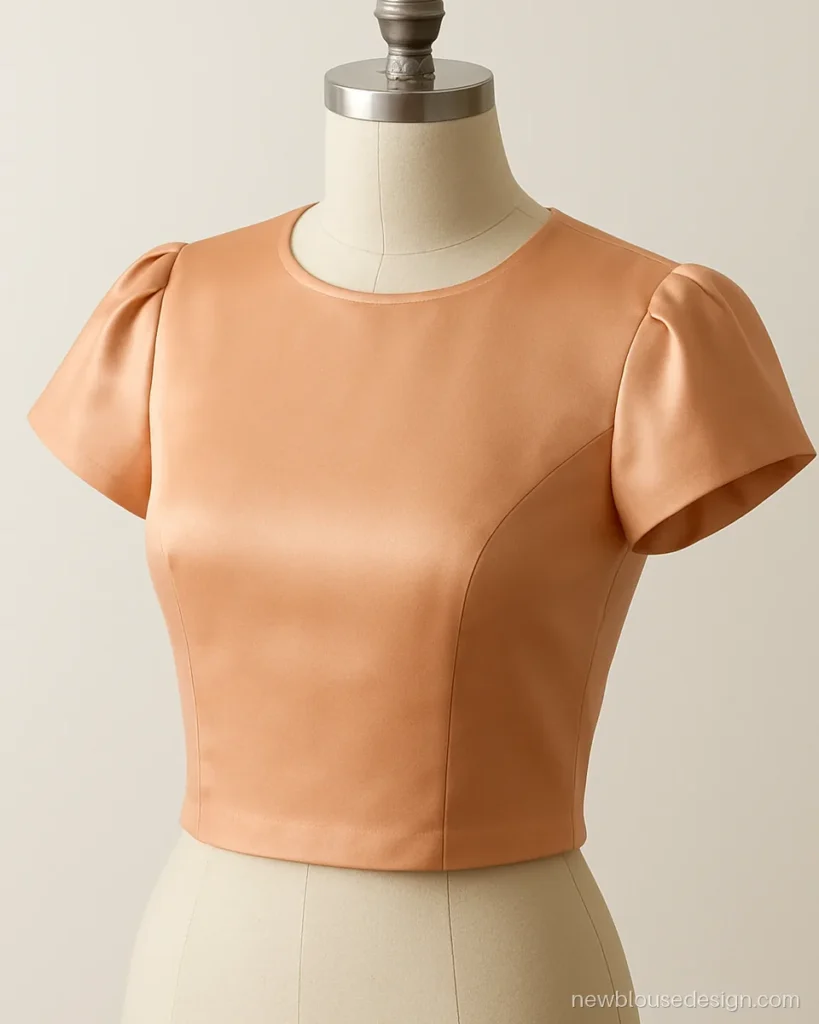 Peach satin blouse with box pleated cap sleeve standing slightly off the shoulder