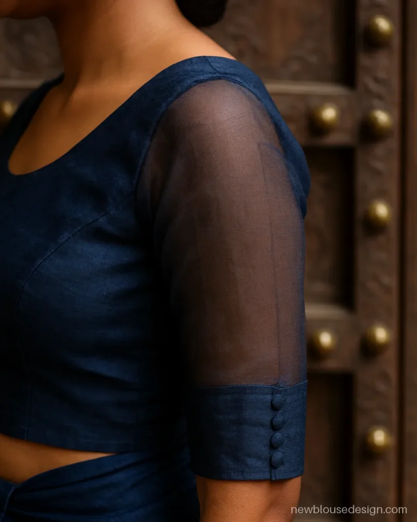 Navy raw silk blouse with sheer net full sleeves and tiny cloth buttons at wrist