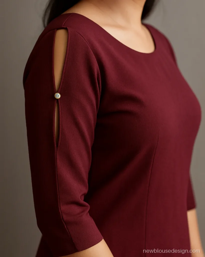 Wine crepe blouse with slit cold shoulder sleeve joined by small pearl bridge