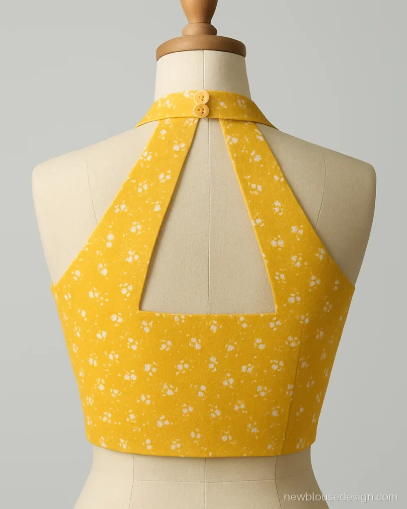 Yellow printed cotton halter neck blouse with buttons at the nape