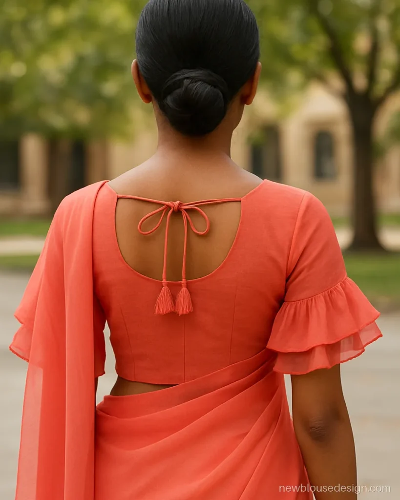 Coral georgette blouse with short ruffle sleeves and round back with bow