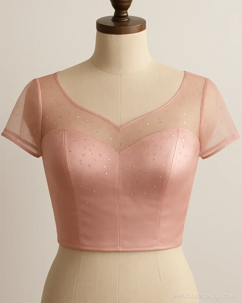 Blush net blouse with sweetheart neck and light sequin spray on front