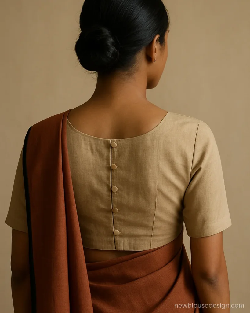 Beige cotton professional blouse back with a row of small buttons
