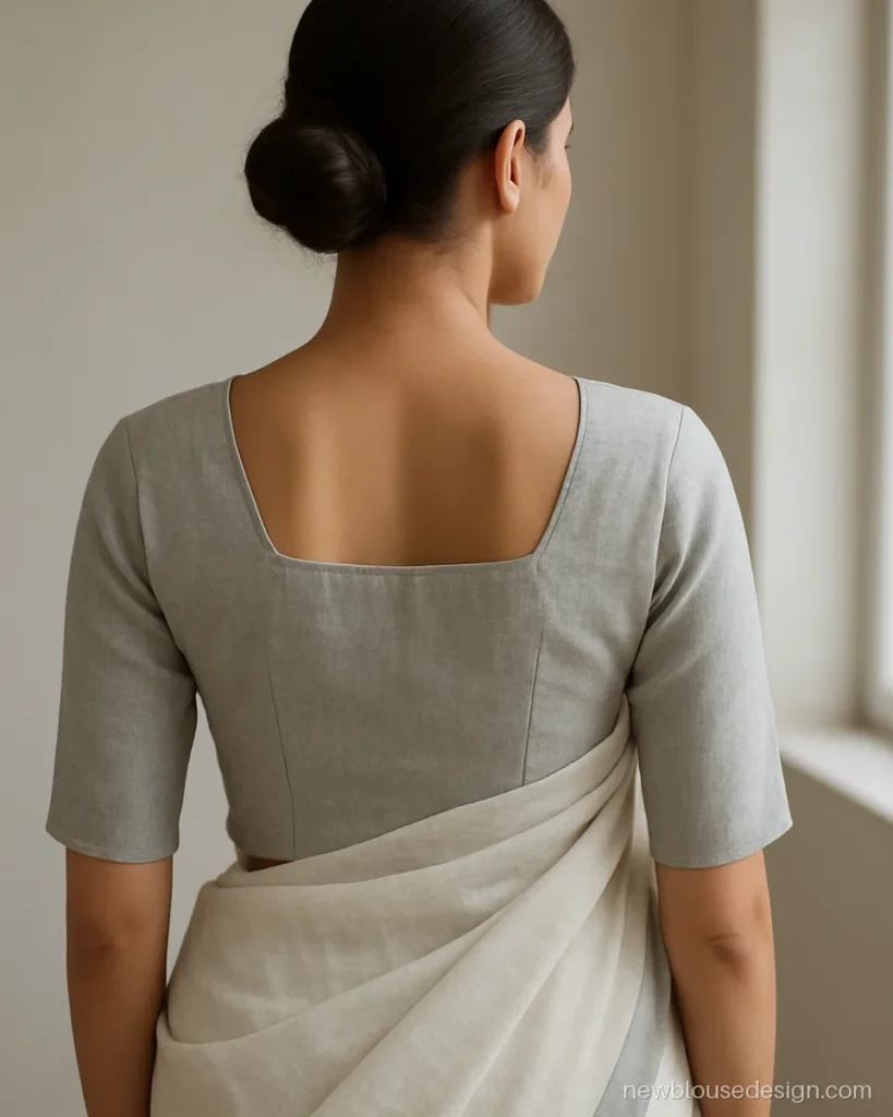 Grey linen blouse with a shallow square back for daily office wear