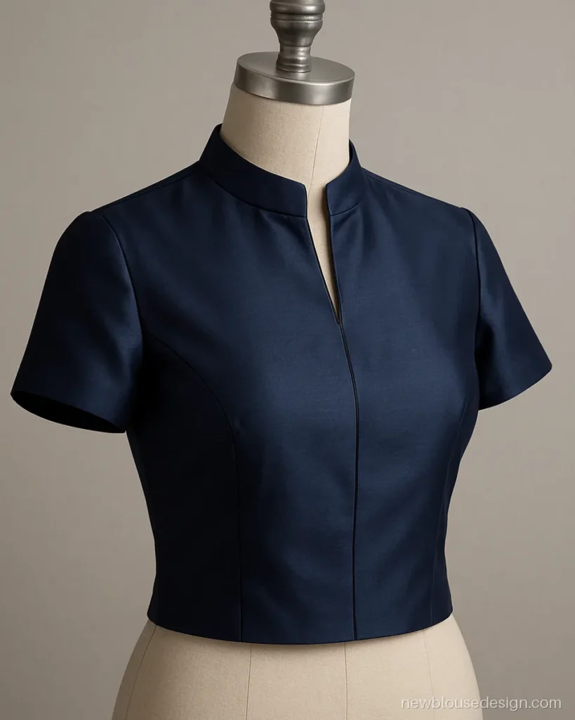 Navy poly silk blouse with a mandarin collar for a professional look