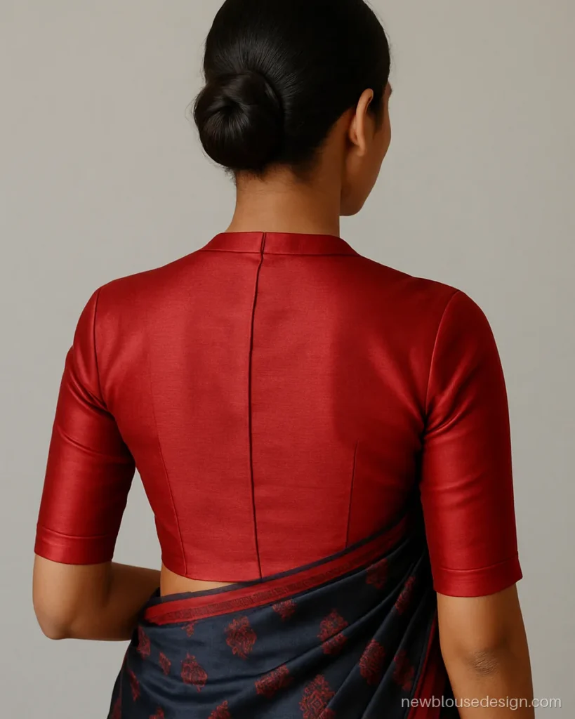 Red silk air hostess blouse with high round neck and fitted sleeves