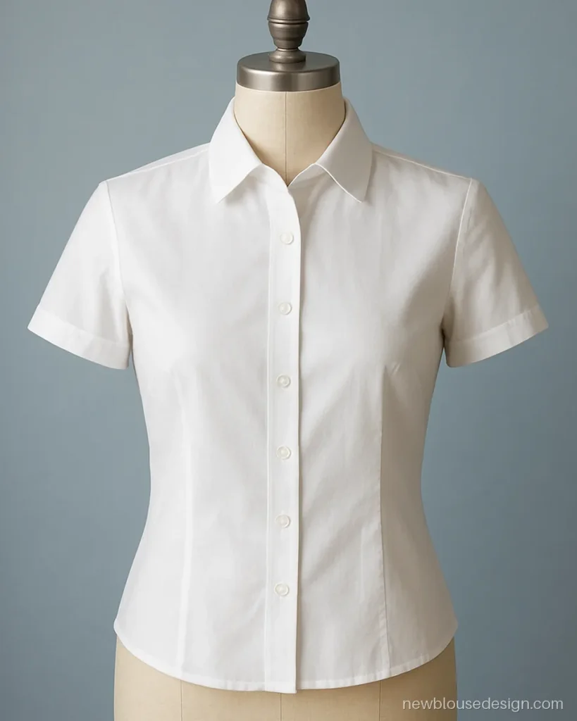 White cotton formal collar blouse design with a shirt collar and button front