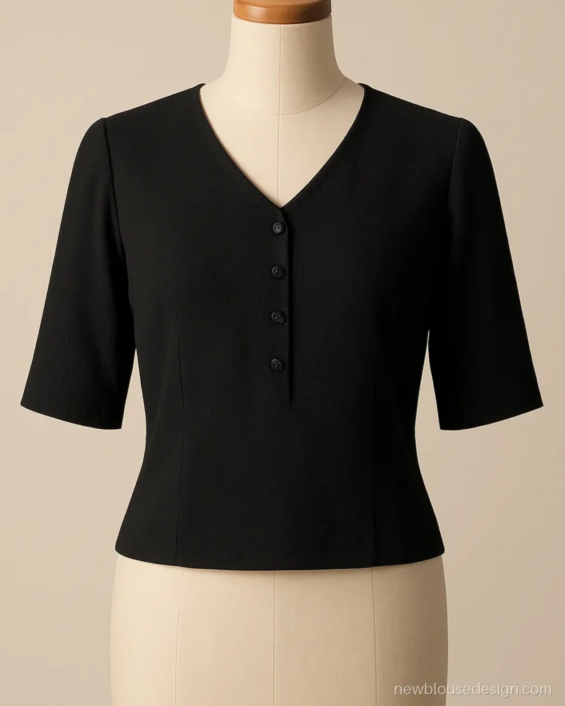 Black crepe office wear blouse design with a small V and button placket