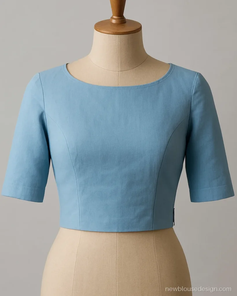Powder blue cotton formal blouse with a boat neck and elbow sleeves