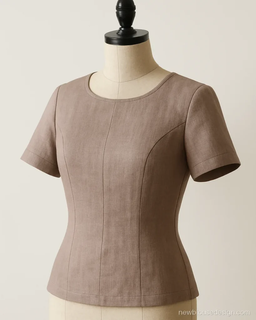 Taupe linen princess cut formal blouse design for women with round neck