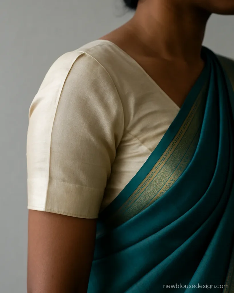 Ivory silk blouse with short sleeves and a box pleat at the cap