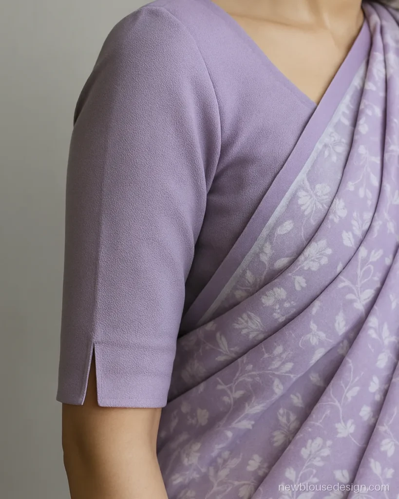 Lavender crepe 3/4 sleeve formal blouse with a slit hem