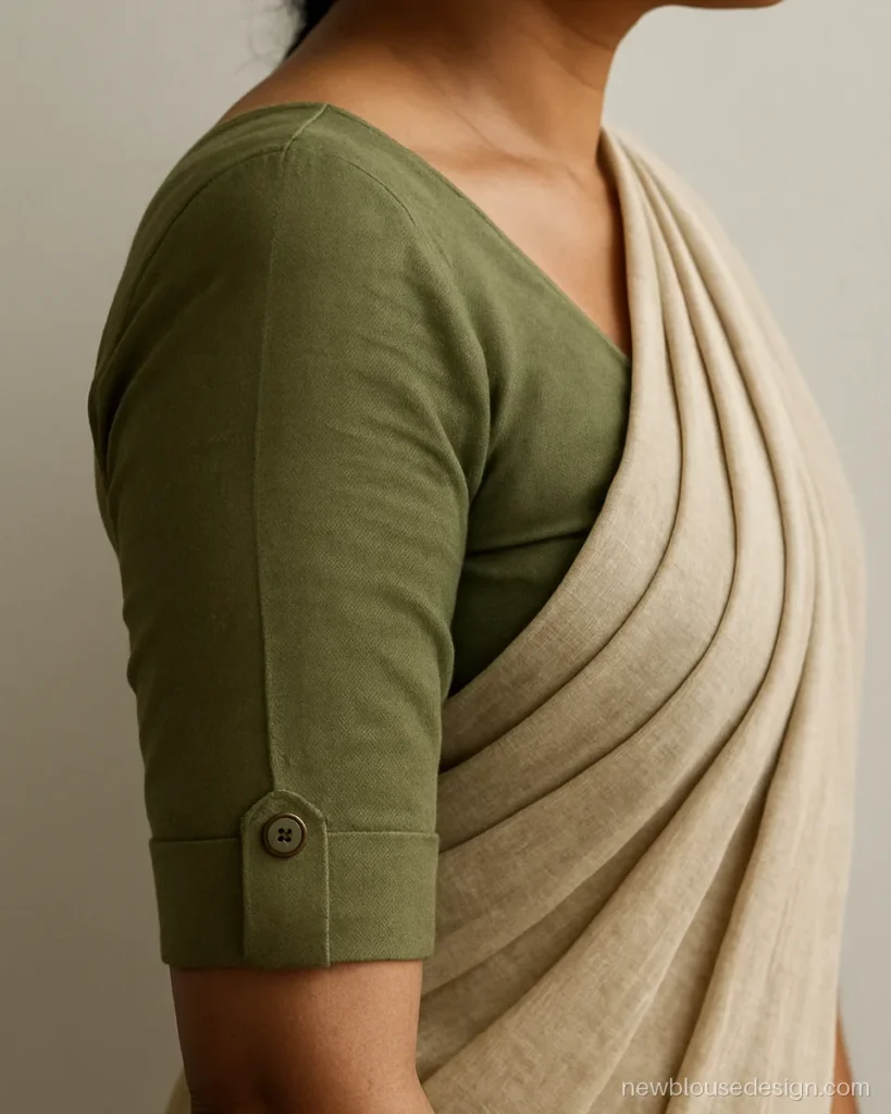 Olive cotton blouse sleeve with an elbow cuff and button tab
