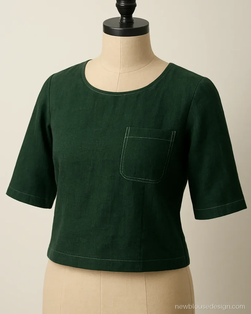Bottle green khadi teacher blouse with a small patch pocket