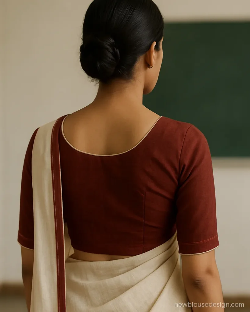 Maroon cotton teacher blouse back with a modest round neck and piping