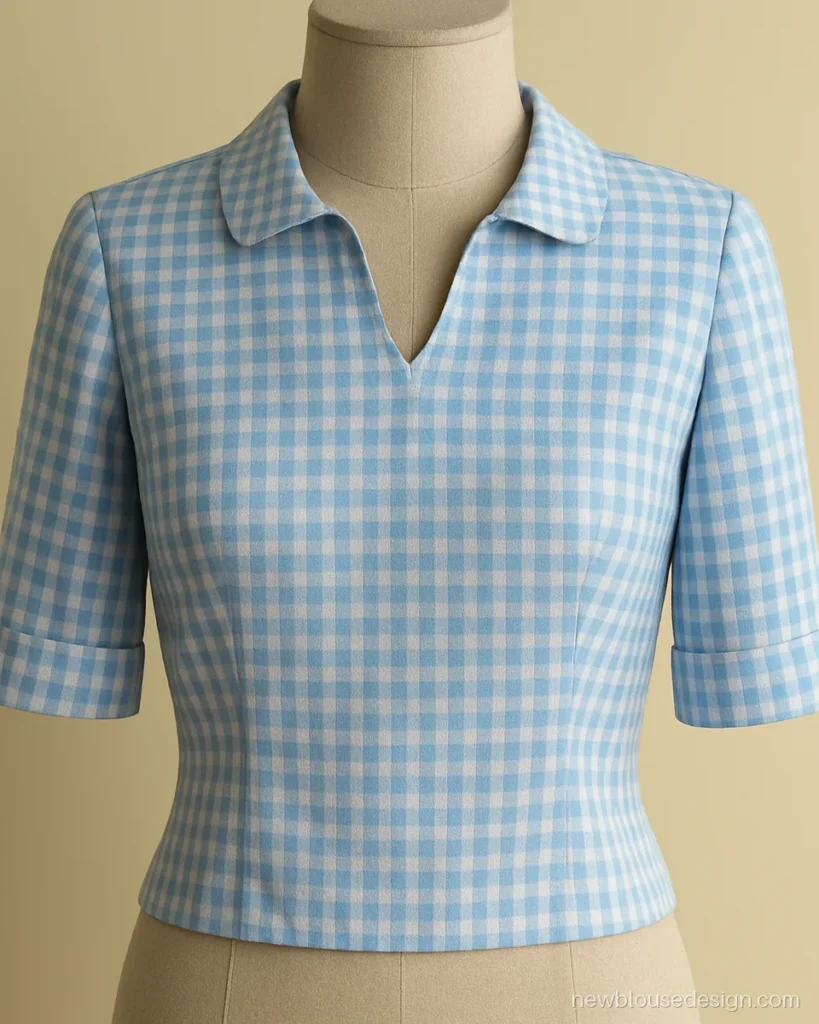 Sky blue checked cotton blouse with a small collar for school teachers
