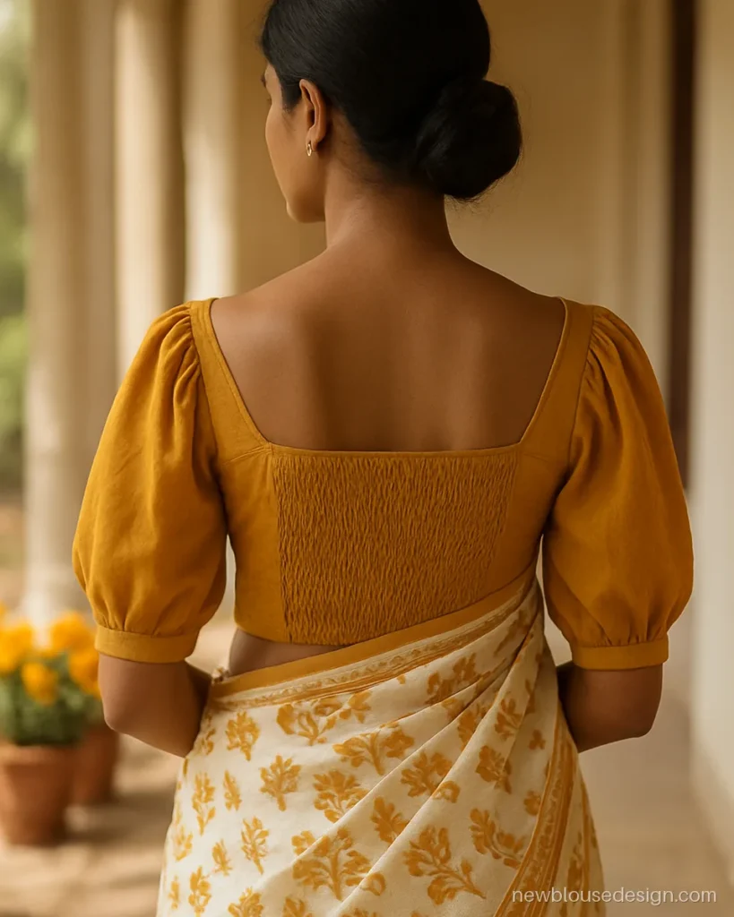 Off shoulder blouse back design in mustard cotton with smocked elastic band