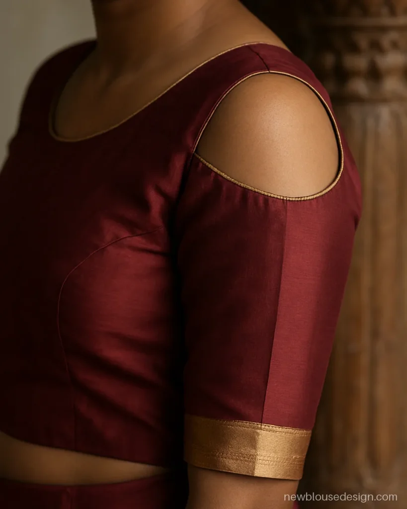 Traditional cold shoulder blouse design for saree in maroon silk with border sleeves