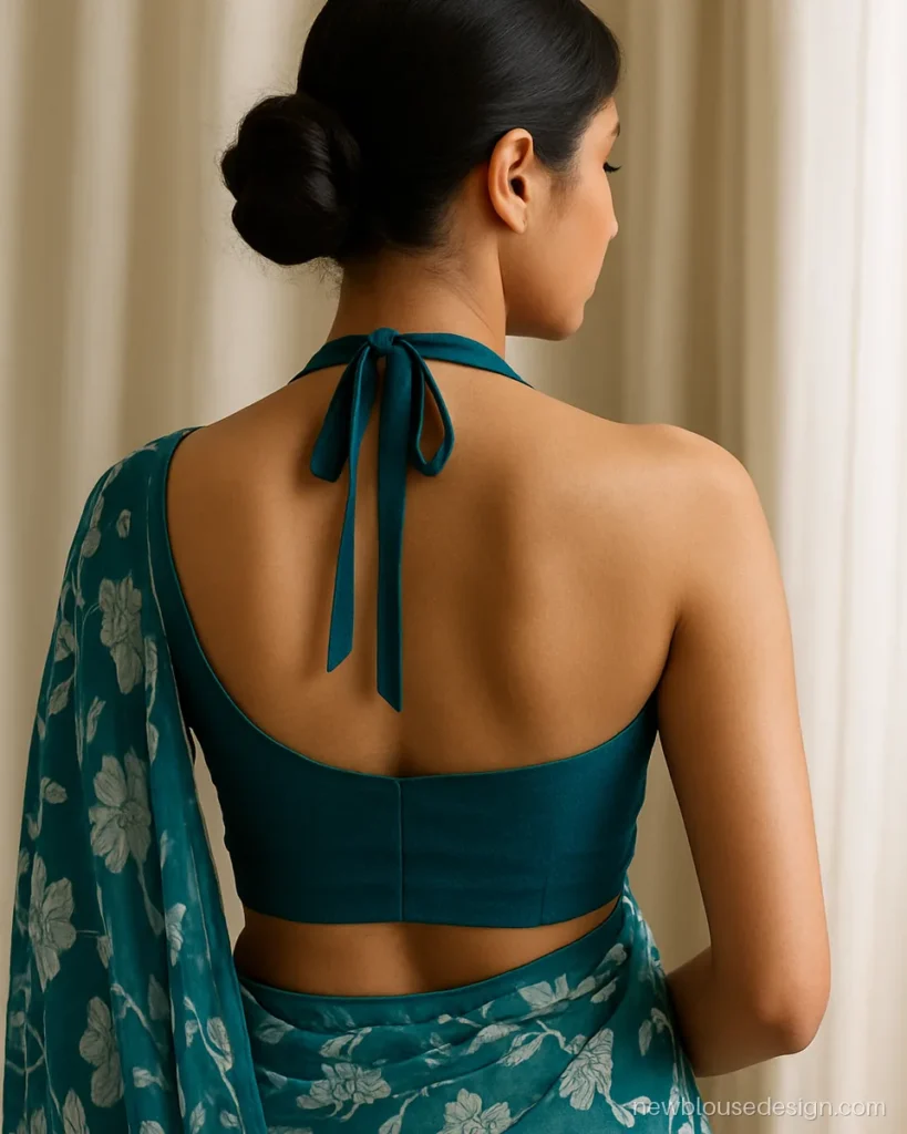 Halter neck blouse back design in teal with open back and tie at the nape
