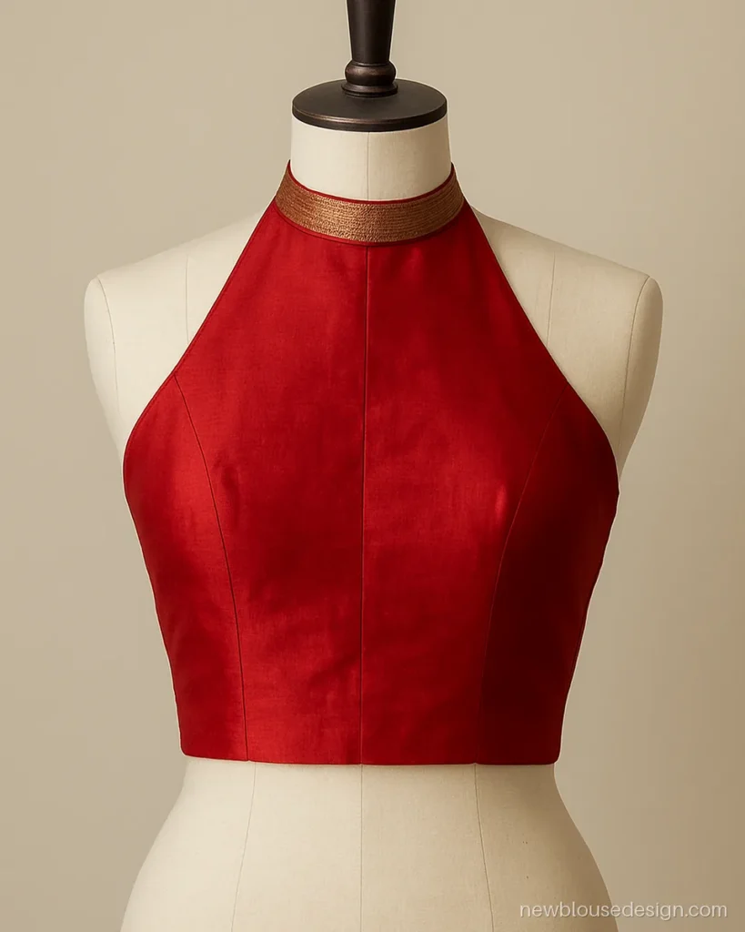 Halter neck blouse design front in red silk with a band collar and zari edge