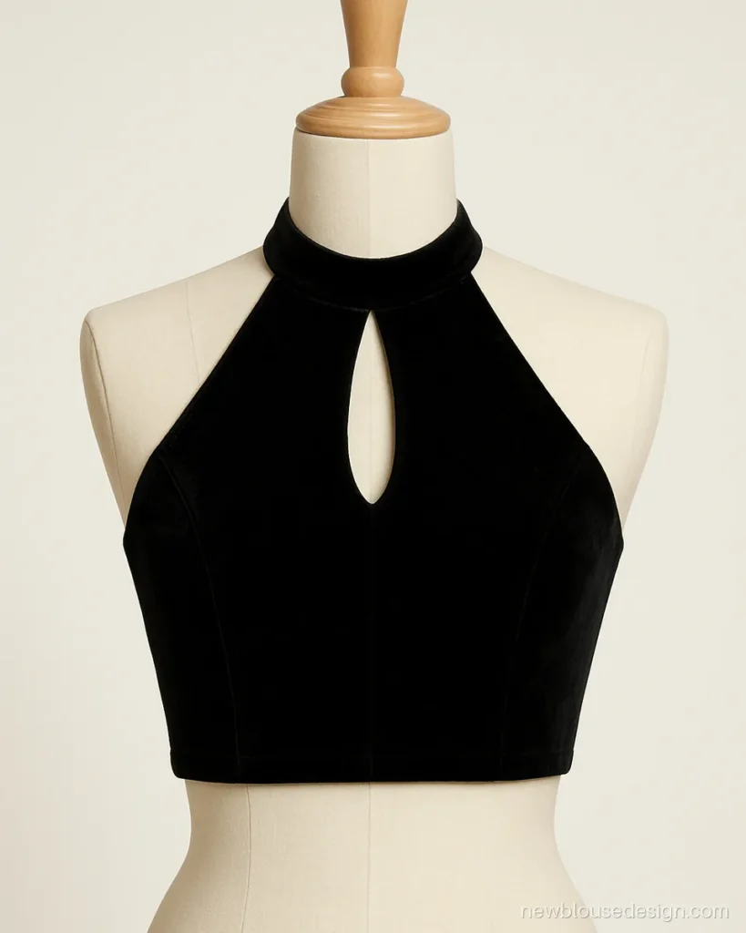 Halterneck blouse design in black velvet with a front keyhole