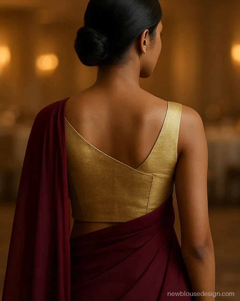 One shoulder blouse back design in gold tissue with a diagonal neckline