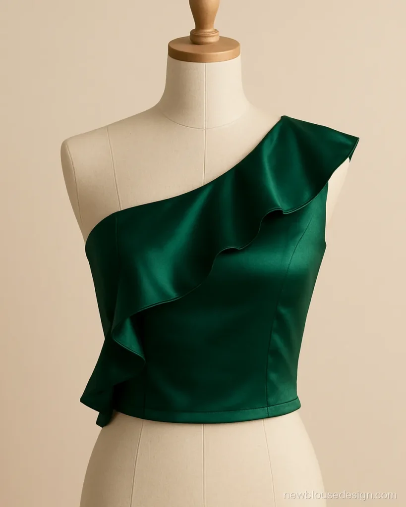Modern one shoulder blouse design in emerald satin with a cascading ruffle