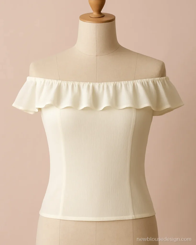 Latest off shoulder blouse design in ivory georgette with a soft frill along the neckline
