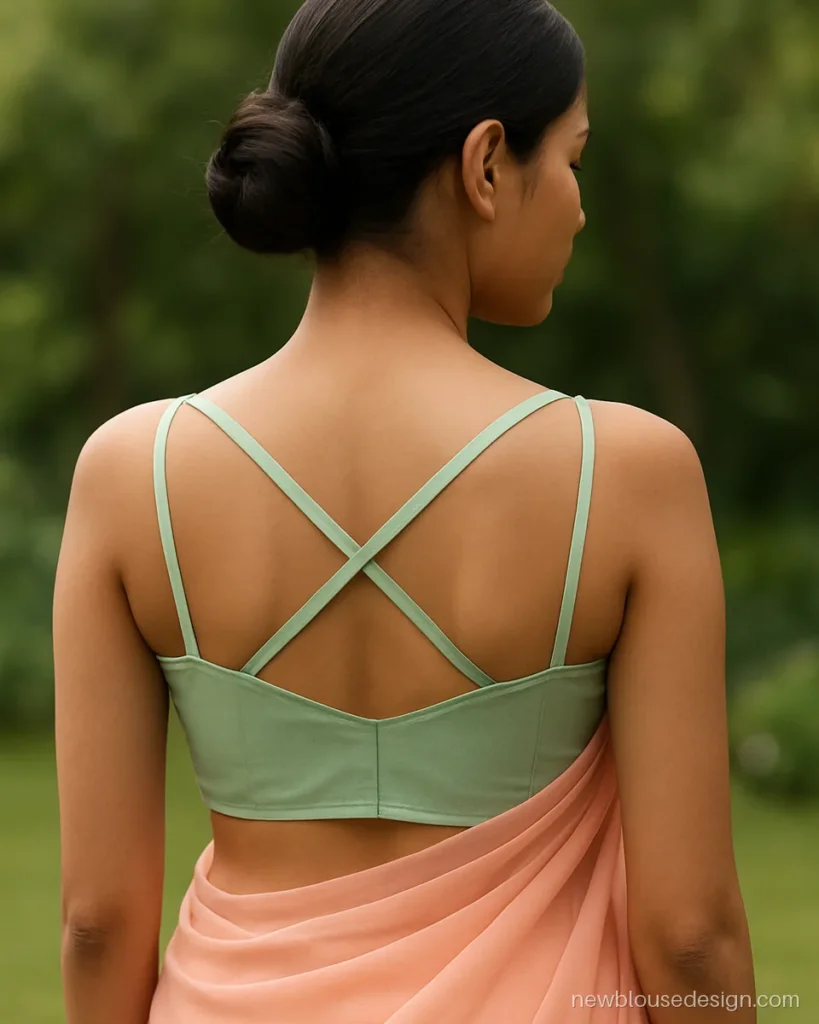 Strap blouse back design in mint with thin crossing straps on an open back