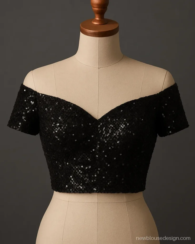 New off shoulder blouse design in black sequin with sweetheart neckline and short sleeves
