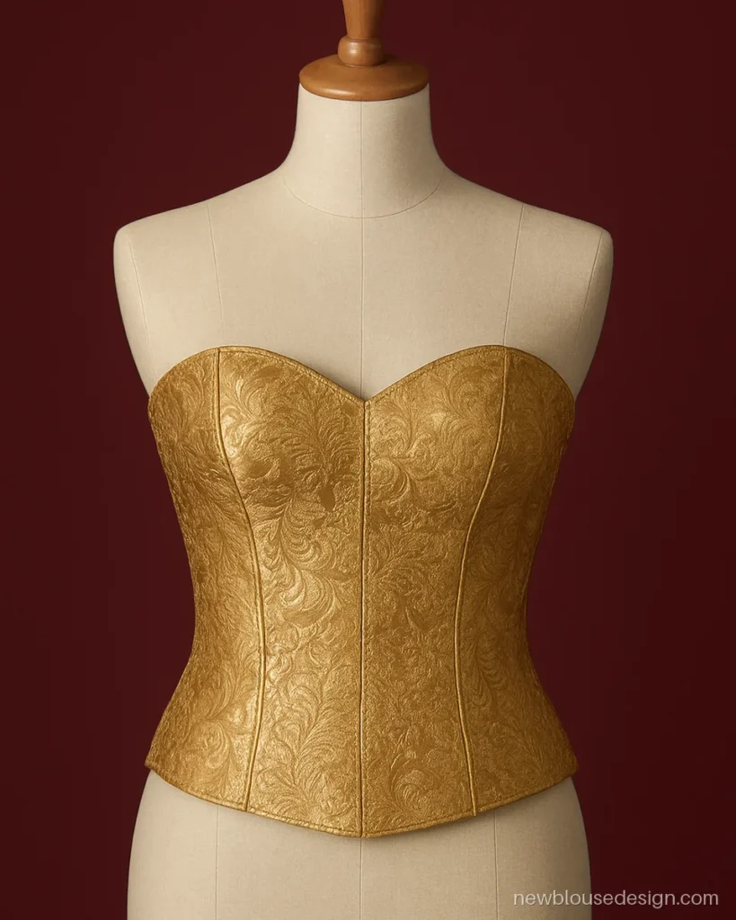 Tube blouse design in gold brocade with sweetheart top on a dress form