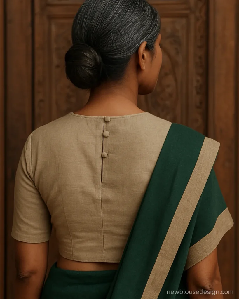 Beige cotton blouse with a small back slit and three buttons