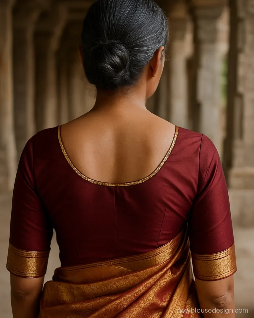 Maroon silk blouse back design for old lady with a round neck and gold border
