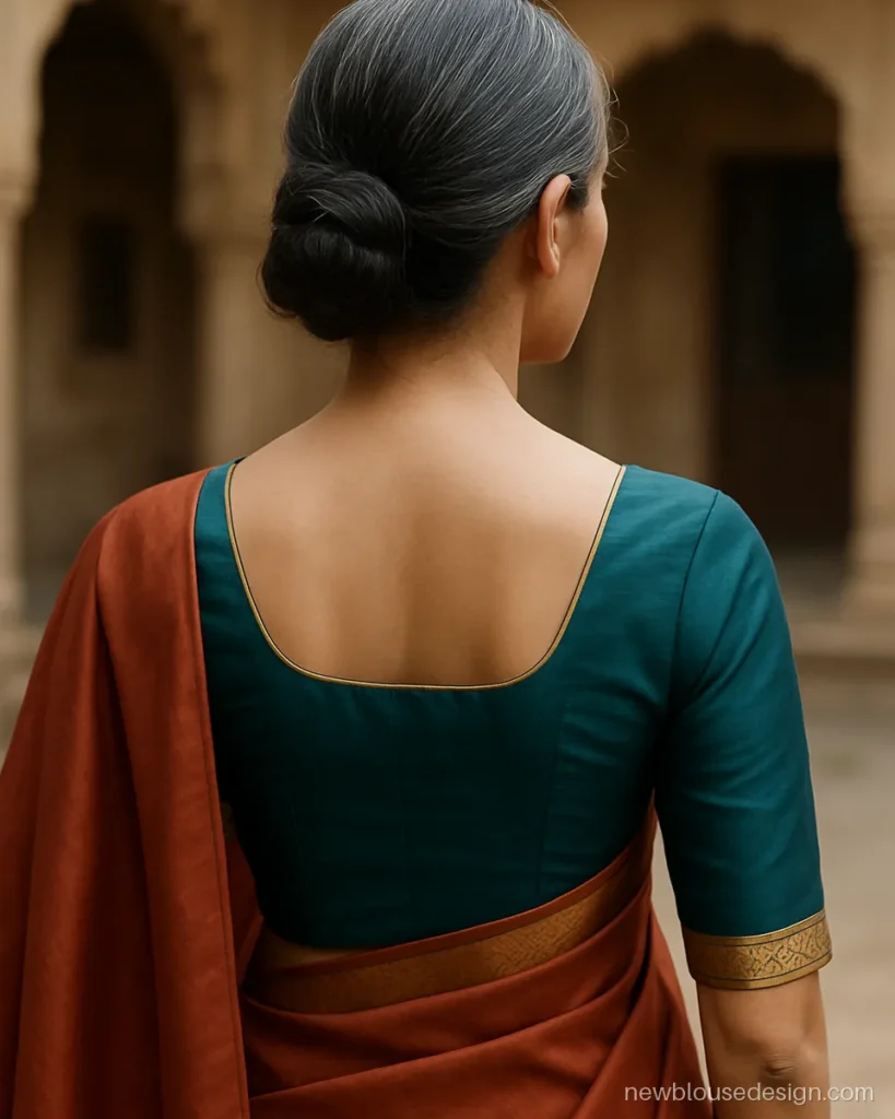 Teal silk blouse with a shallow square back and gold piping