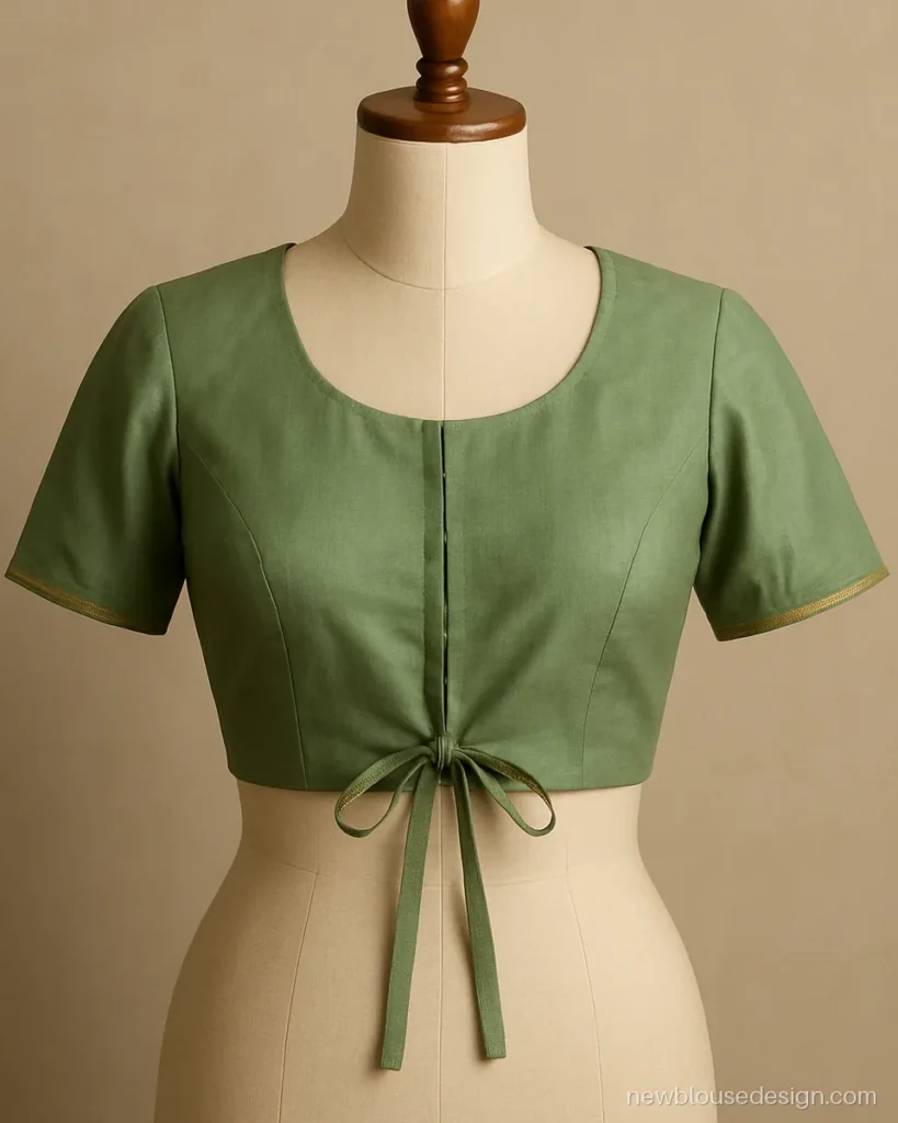 Green cotton silk old fashion blouse with a front tie and short sleeves