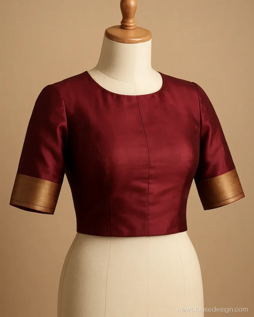 Maroon silk old style blouse with a high round neck and zari elbow sleeves