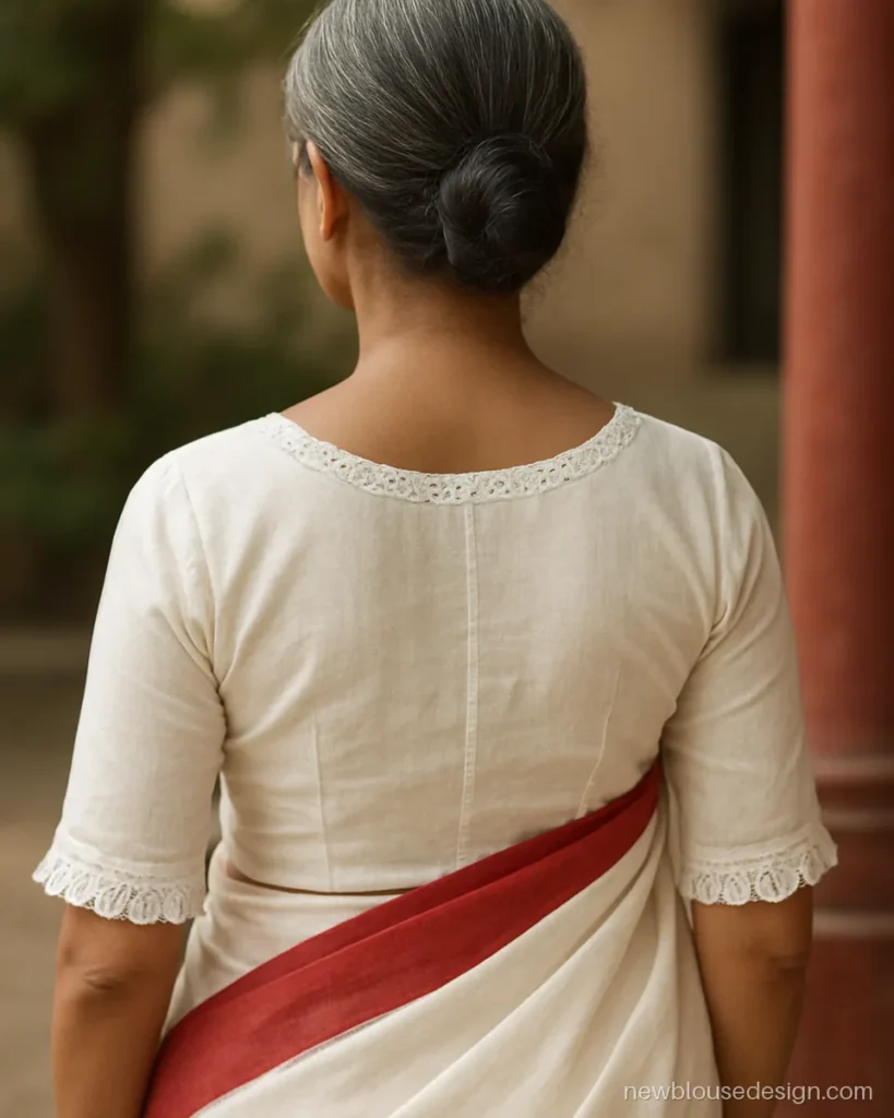 White old Bengali style blouse design with lace yoke and frilled elbow sleeves