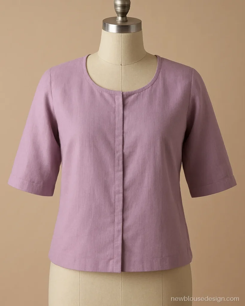 Lilac cotton blouse with front hooks, round neck and elbow sleeves for mothers