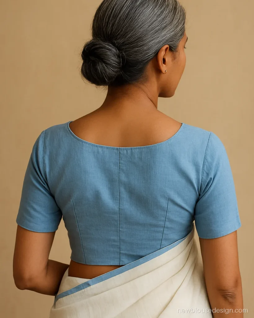 Sky blue cotton blouse with side zip and boat neck for daily wear