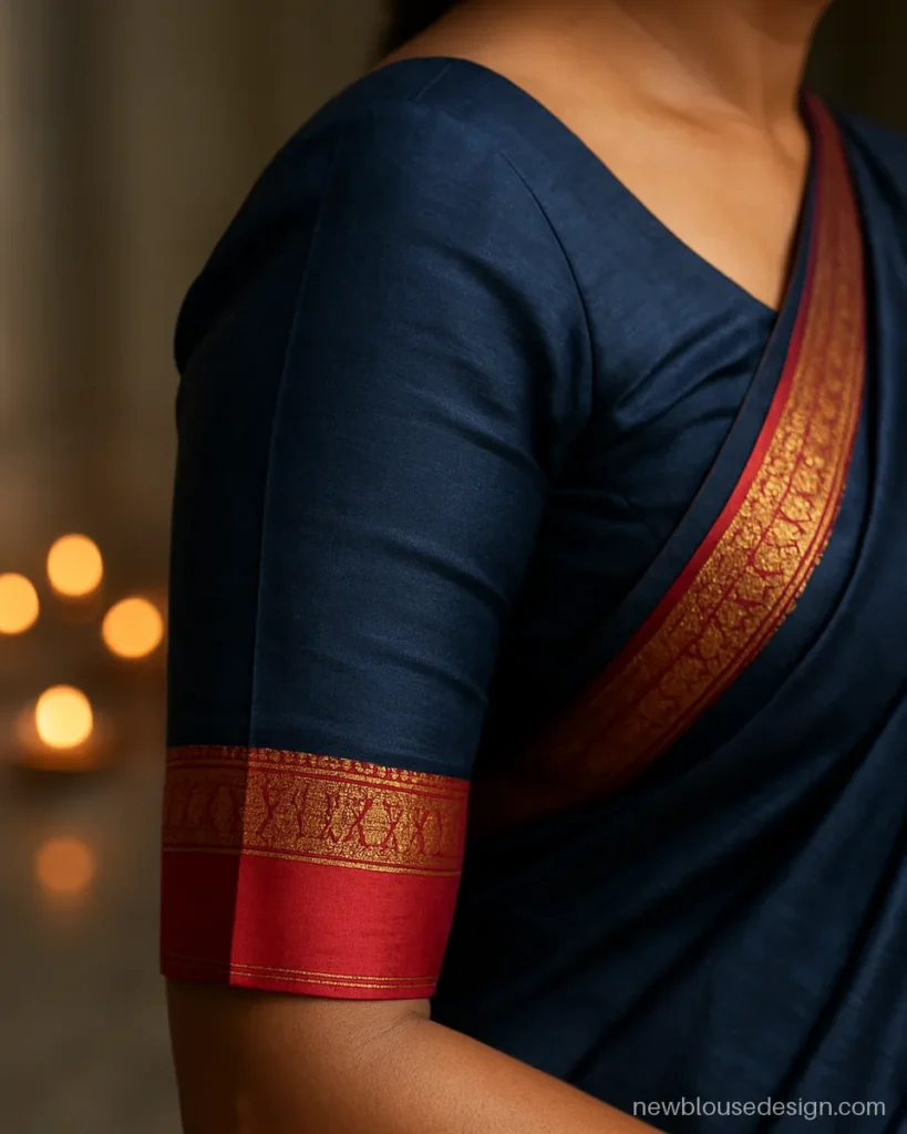 Navy silk 3/4 sleeve blouse with a contrast saree border