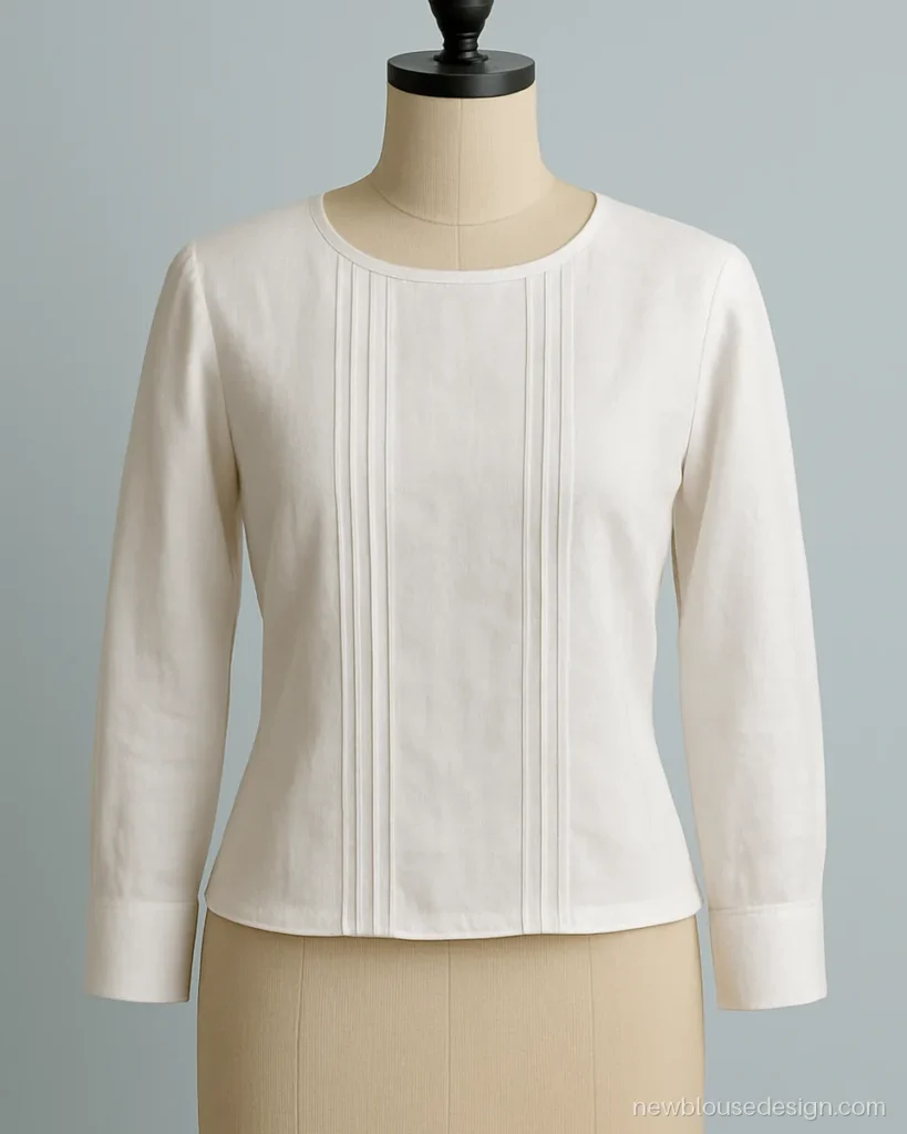 White cotton full sleeve blouse with pin tucks for winter