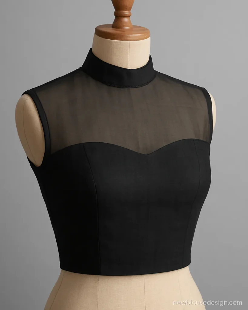 Black organza blouse with a high neck, small collar and sheer yoke