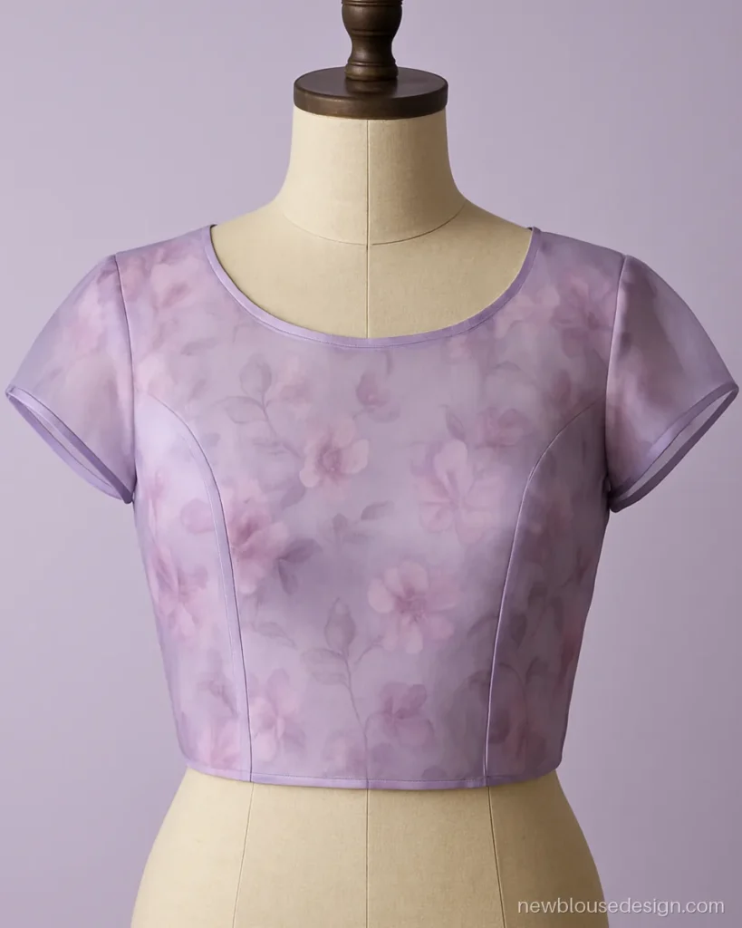 Lilac organza blouse with cap sleeves and printed floral body